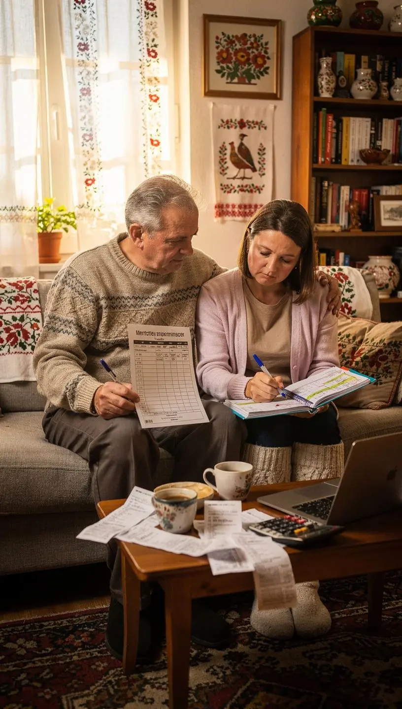 Pénzügyi alapok oktatása családok számára, színes grafikai elemekkel.