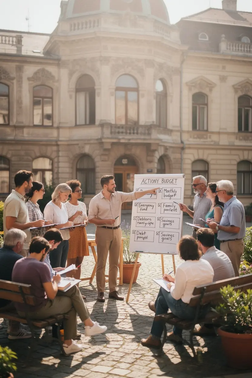 Családi pénzügyi tudatosságot növelő workshop képe, együttműködő családtagokkal.
