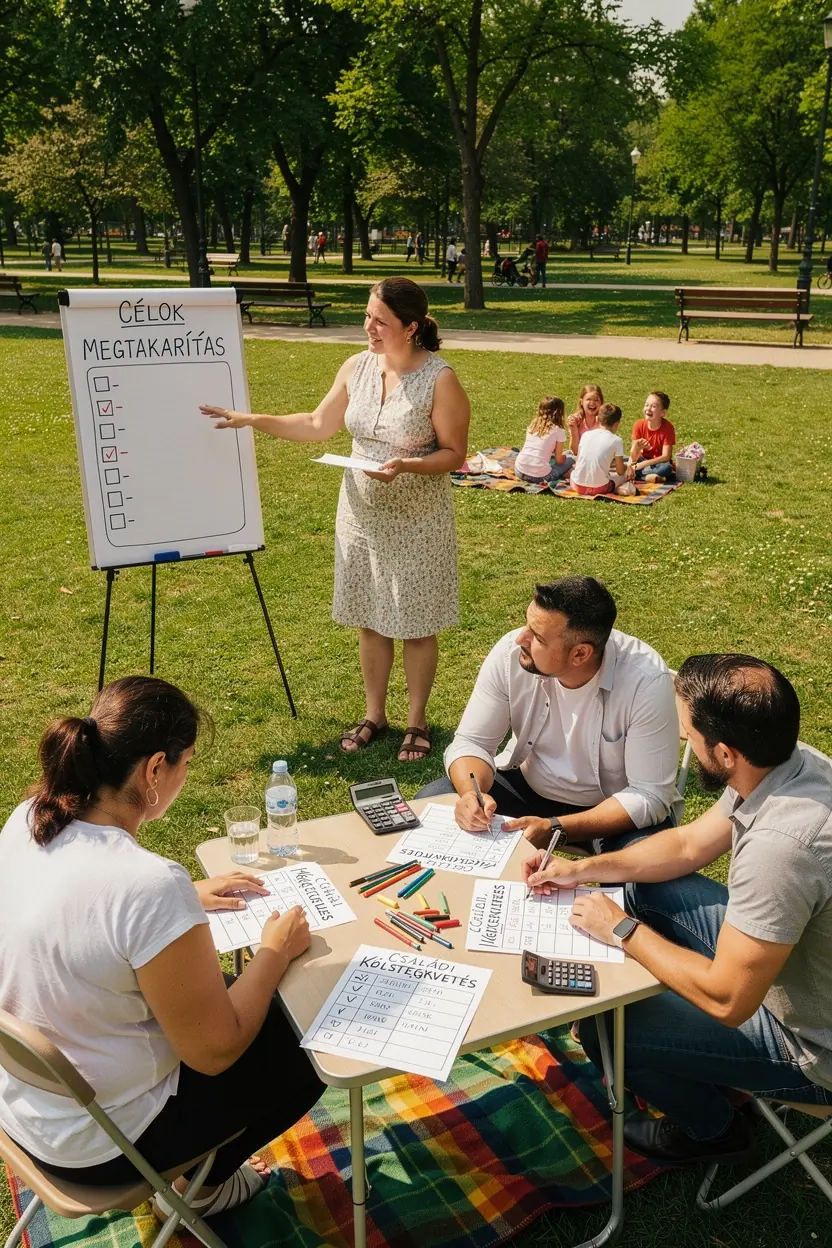 Családi költségvetés tervezése egy asztalon elhelyezett pénzügyi eszközökkel.